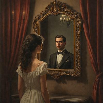 The primary subject of the image is a woman standing in front of a mirror. The setting is a room with a table and a chair. The visual style is a painting, and the colors and mood are dark and moody.
